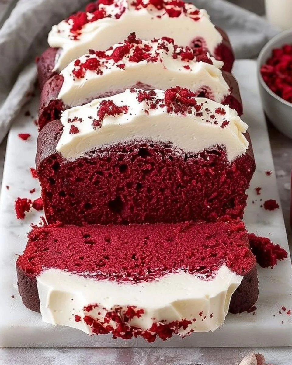 Sliced Red Velvet Loaf Cake with cream cheese frosting