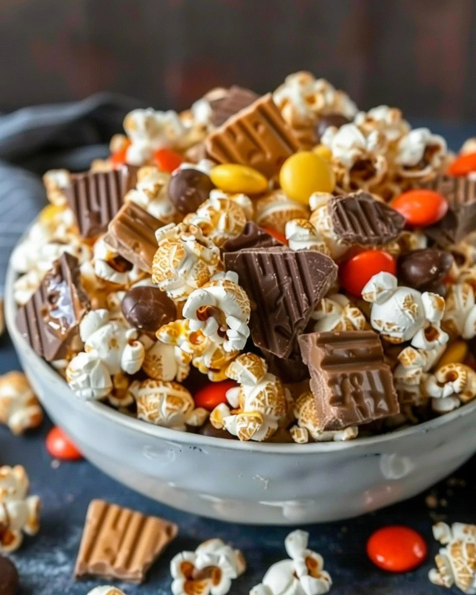 Delicious Reese's Popcorn featuring a mix of chocolate and peanut butter flavors
