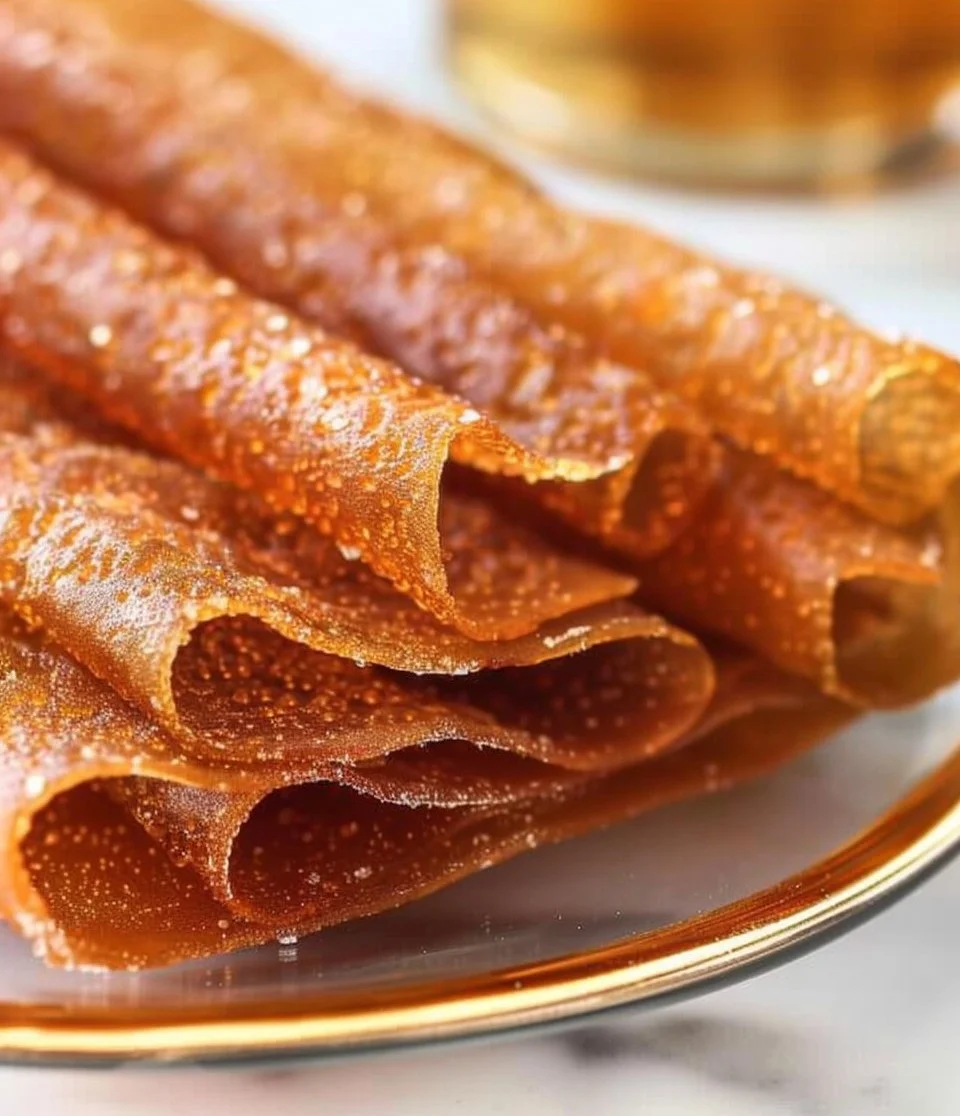Three-ingredient apple-pear fruit leather recipe displayed on a kitchen countertop.
