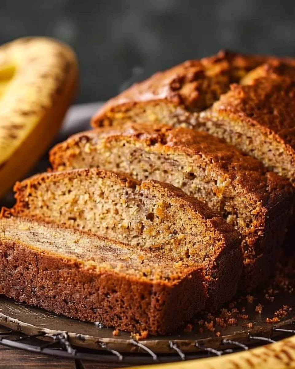 Loaf of homemade banana bread with slices cut on a wooden board