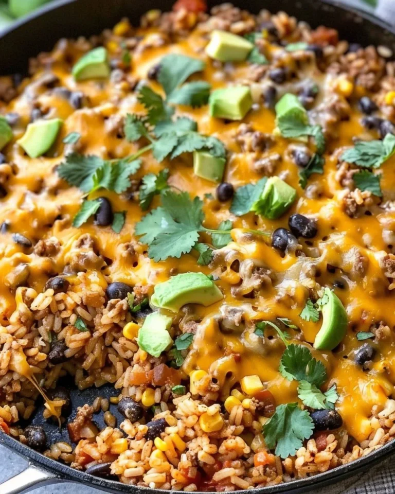 Cheesy Taco Rice Skillet loaded with cheese, taco seasoning, and fresh toppings.