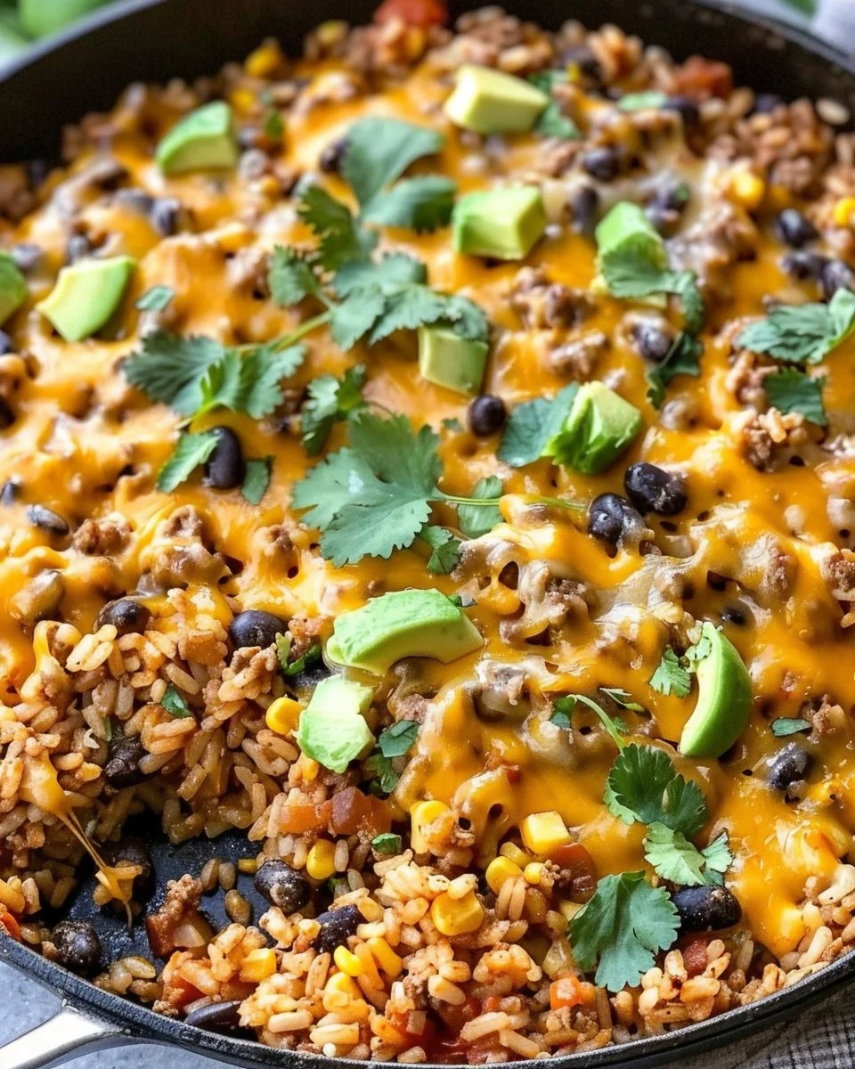 Cheesy Taco Rice Skillet loaded with cheese, taco seasoning, and fresh toppings.
