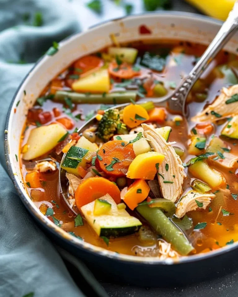Bowl of homemade Chicken Vegetable Soup with fresh ingredients and herbs