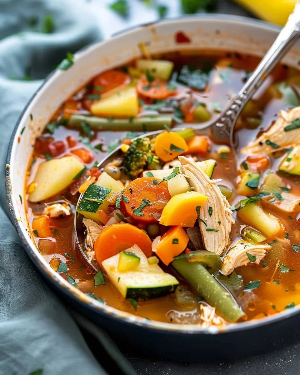 Bowl of homemade Chicken Vegetable Soup with fresh ingredients and herbs
