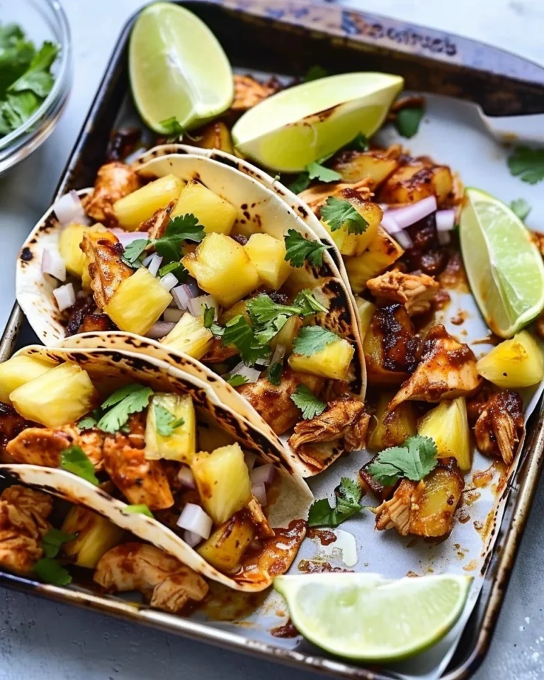 Chipotle chicken tacos with pineapple on a plate garnished with fresh cilantro