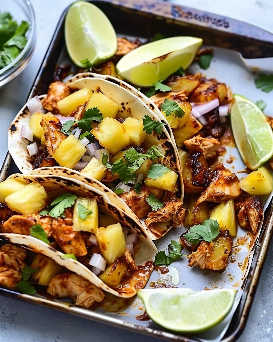 Chipotle chicken tacos with pineapple on a plate garnished with fresh cilantro