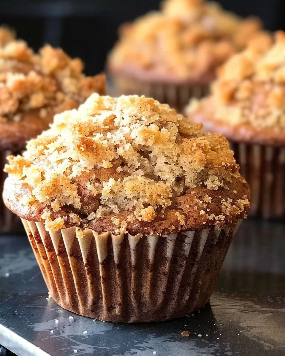 Freshly baked easy banana crumb muffins on a wooden table