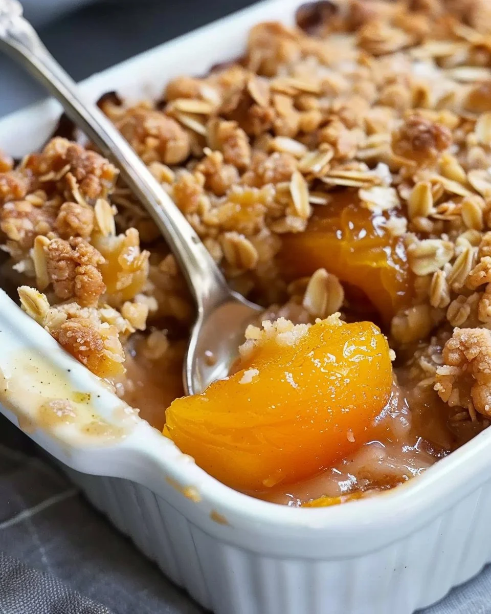 Fresh apricot crisp dessert topped with a crumbly oat mixture
