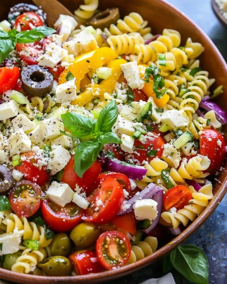 Colorful Italian pasta salad with vegetables and dressing served in a bowl.