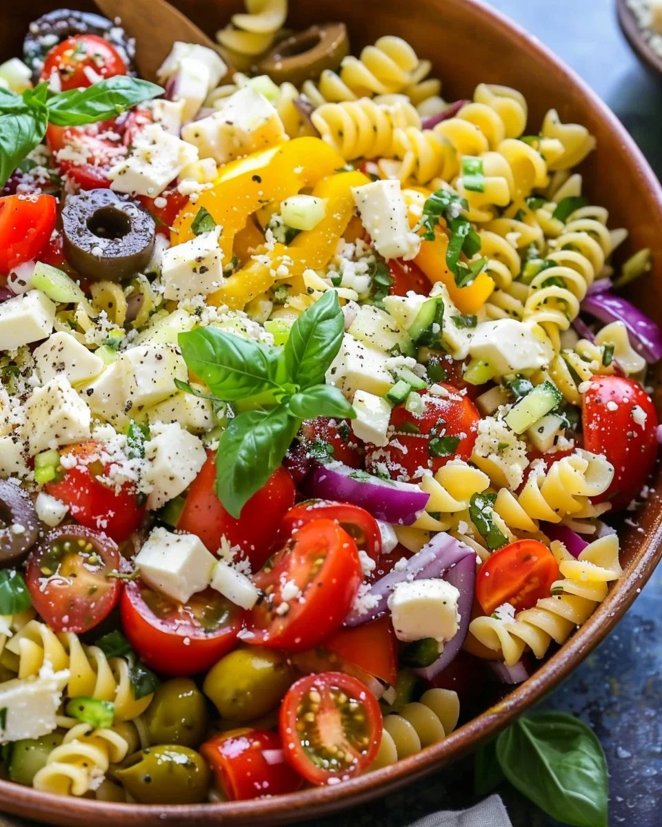 Colorful Italian pasta salad with vegetables and dressing served in a bowl.