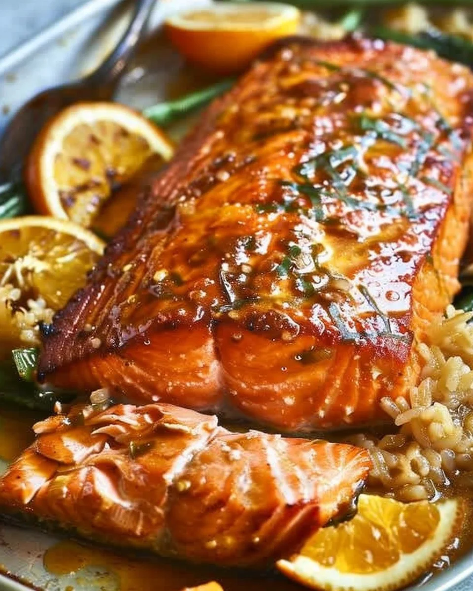 Plate of flavorful orange salmon garnished with herbs and lemon slices.