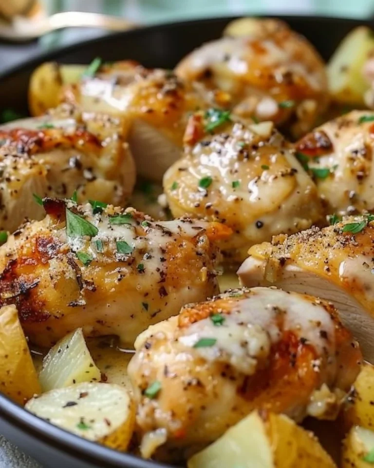 Slow Cooker Garlic Parmesan Chicken with Potatoes served on a plate