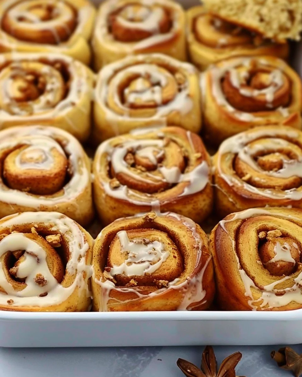 Sourdough pumpkin cinnamon rolls with maple cream cheese frosting on a plate.