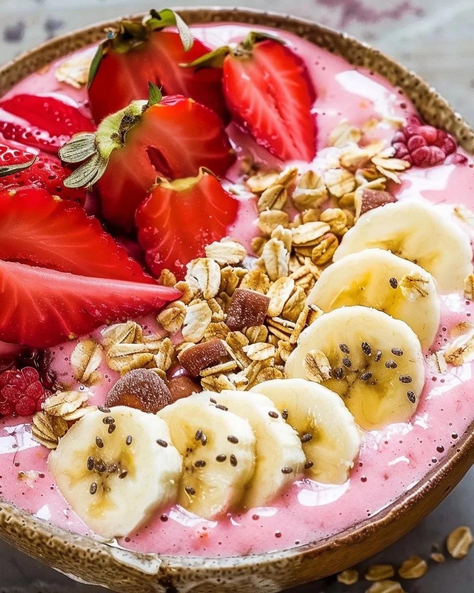 Strawberry banana smoothie bowl topped with fresh fruit and granola