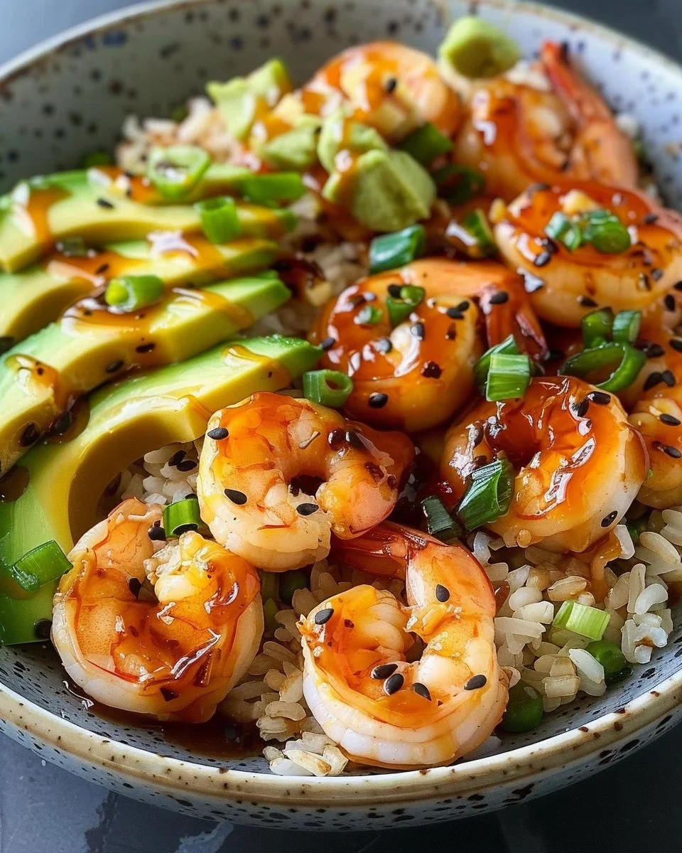 Delicious teriyaki shrimp rice bowl with vegetables and sauce