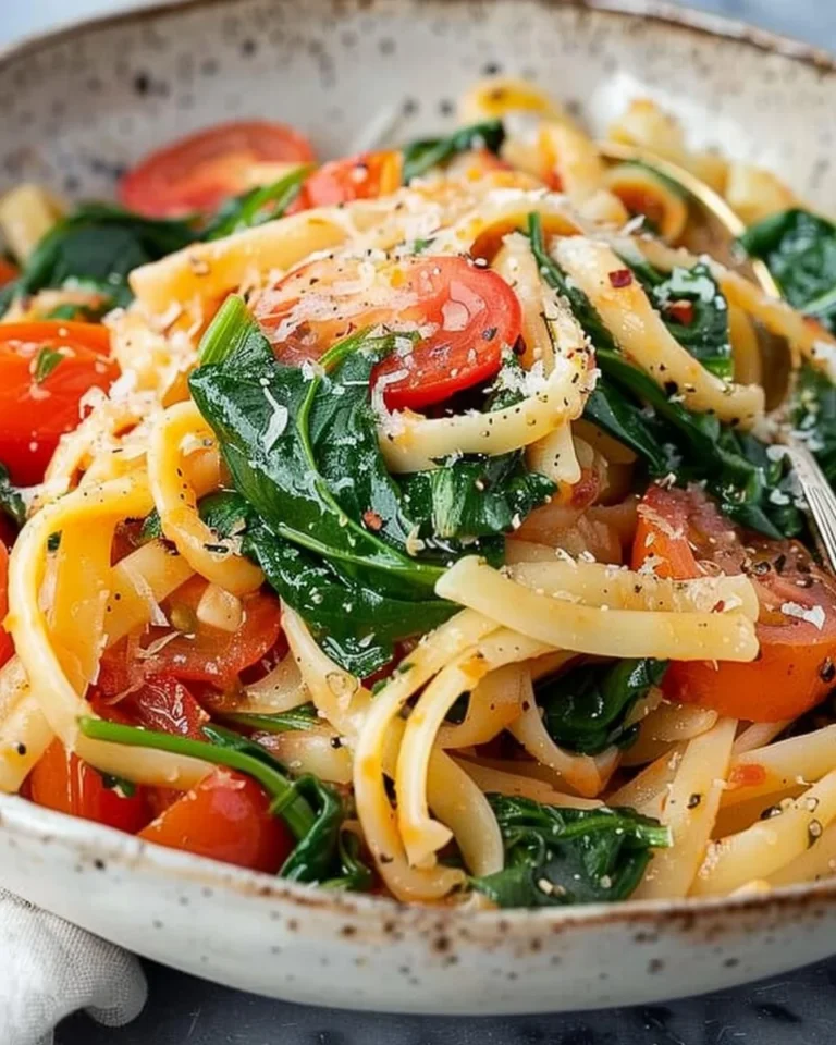 Tomatoes and spinach pasta dish served in a bowl